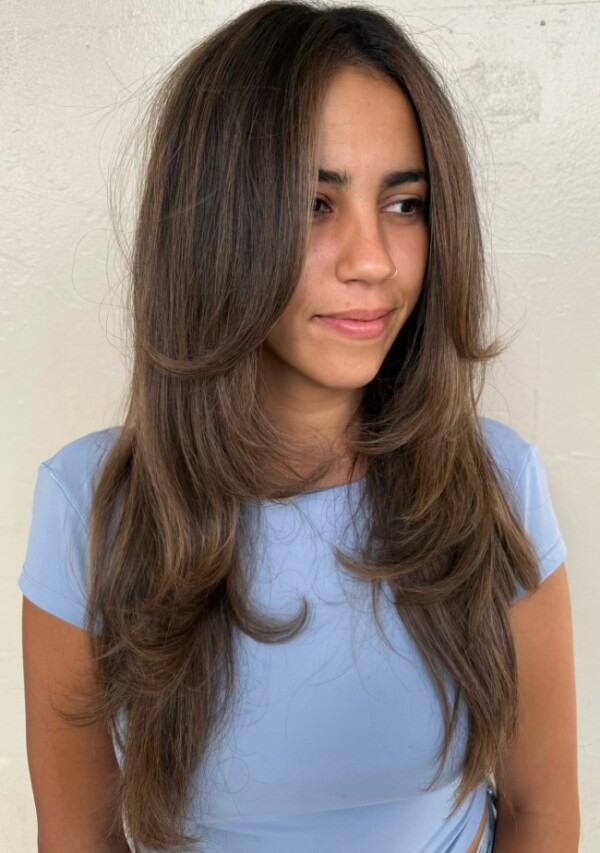 Mid-Back Blowout With Lighter Highlights Mid-Back Blowout With Lighter Highlights — Face Framing Layers 2027