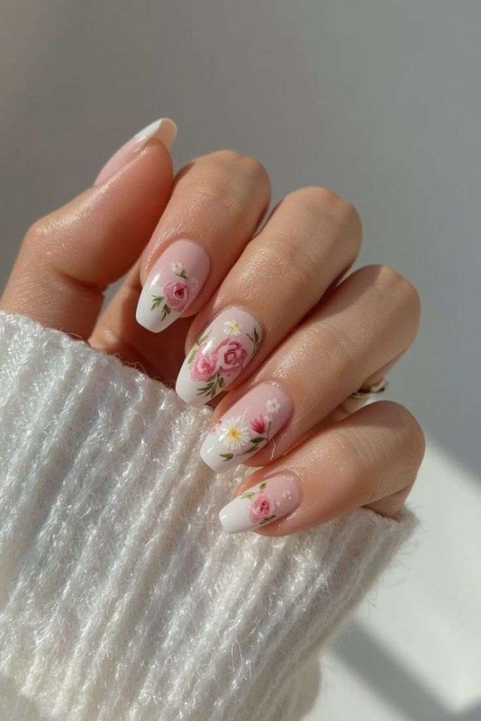 Sheer Pink French with Painted Florals — Rose Nails 2027
