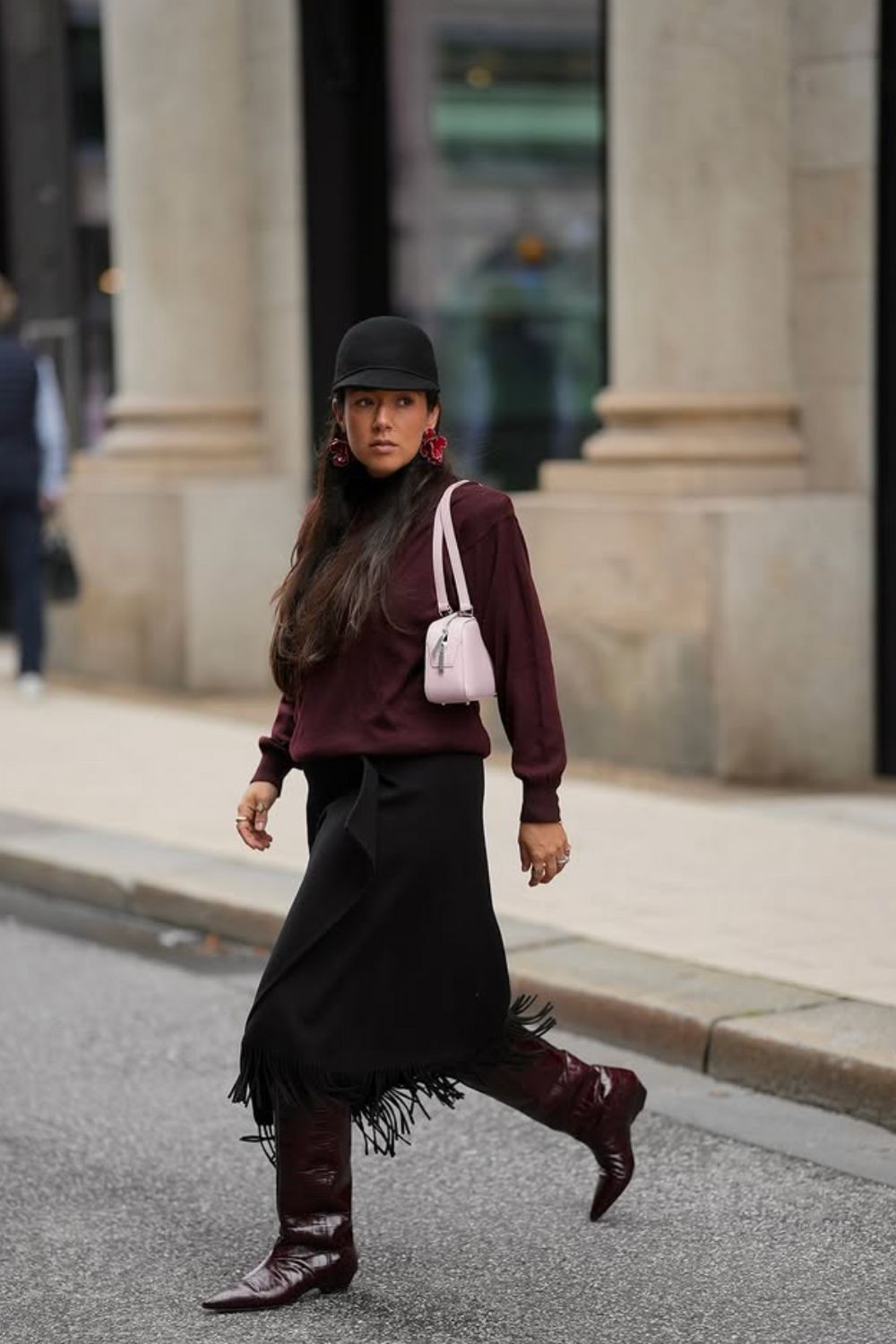 Street Style Burgundy Turtleneck with Fringe Skirt and Cowboy Boots — Burgundy Outfits 2027