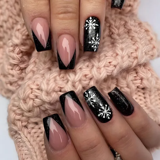 Medium Square Black Glitter Snowflake French Nails Medium Square Black Glitter Snowflake French Nails — Winter Black Nails 2027