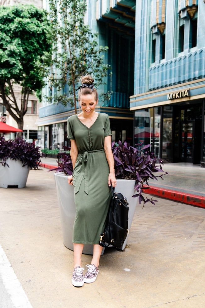 Olive Green Button-Front Midi Dress with Tie Waist Olive Green Button-Front Midi Dress with Tie Waist — Midi Dresses 2027 for Nursing Moms