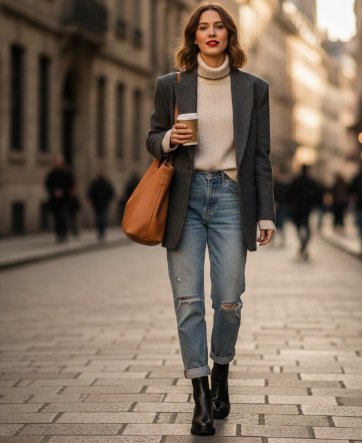 Oversized Grey Blazer with Ripped Jeans and Cream Turtleneck Oversized Grey Blazer with Ripped Jeans and Cream Turtleneck — Chelsea Boots Outfits 2027