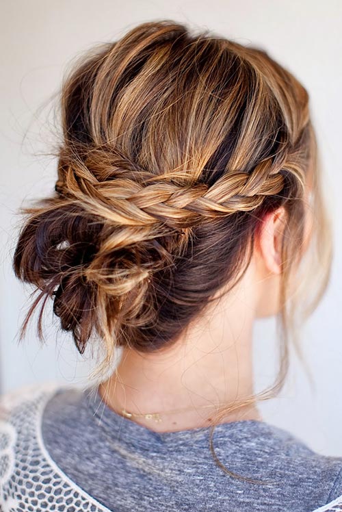Dark Brown Bob Messy Updo with Braided Crown Dark Brown Bob Messy Updo with Braided Crown — Updos 2027 for Short Hair