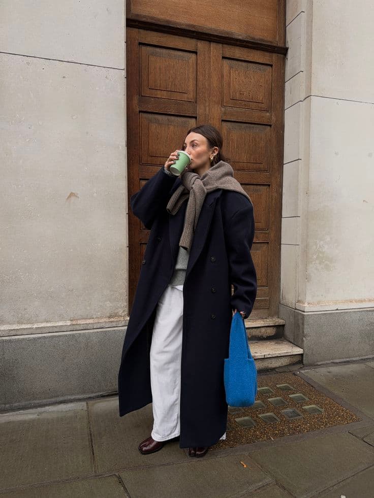 Chic Navy Wool Coat with Wide-Leg Trousers Chic Navy Wool Coat with Wide-Leg Trousers — Winter Blue Outfits 2027
