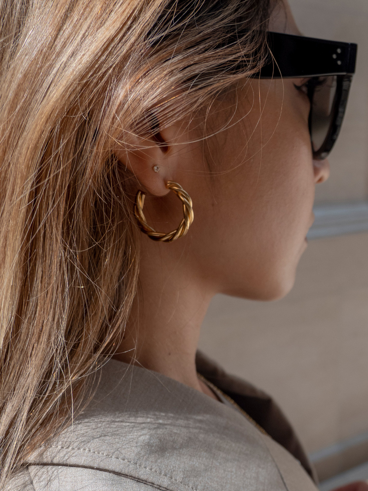 Twisted Gold Hoops with a Linen Jacket and Sunglasses Twisted Gold Hoops with a Linen Jacket and Sunglasses — Hoop Earrings 2027