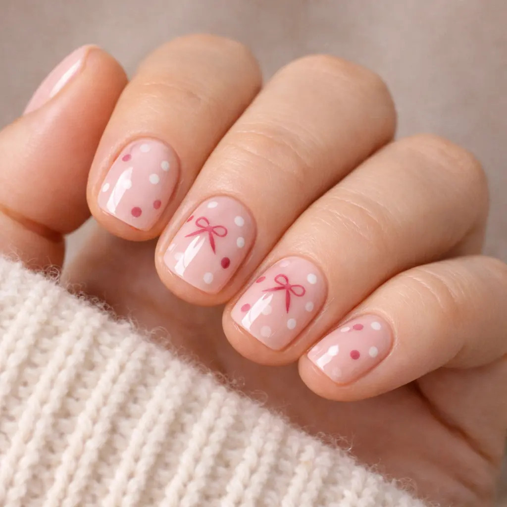 Pink Polka Dots and Bow Accents Pink Polka Dots and Bow Accents — Nails 2027 for Short Nail Beds