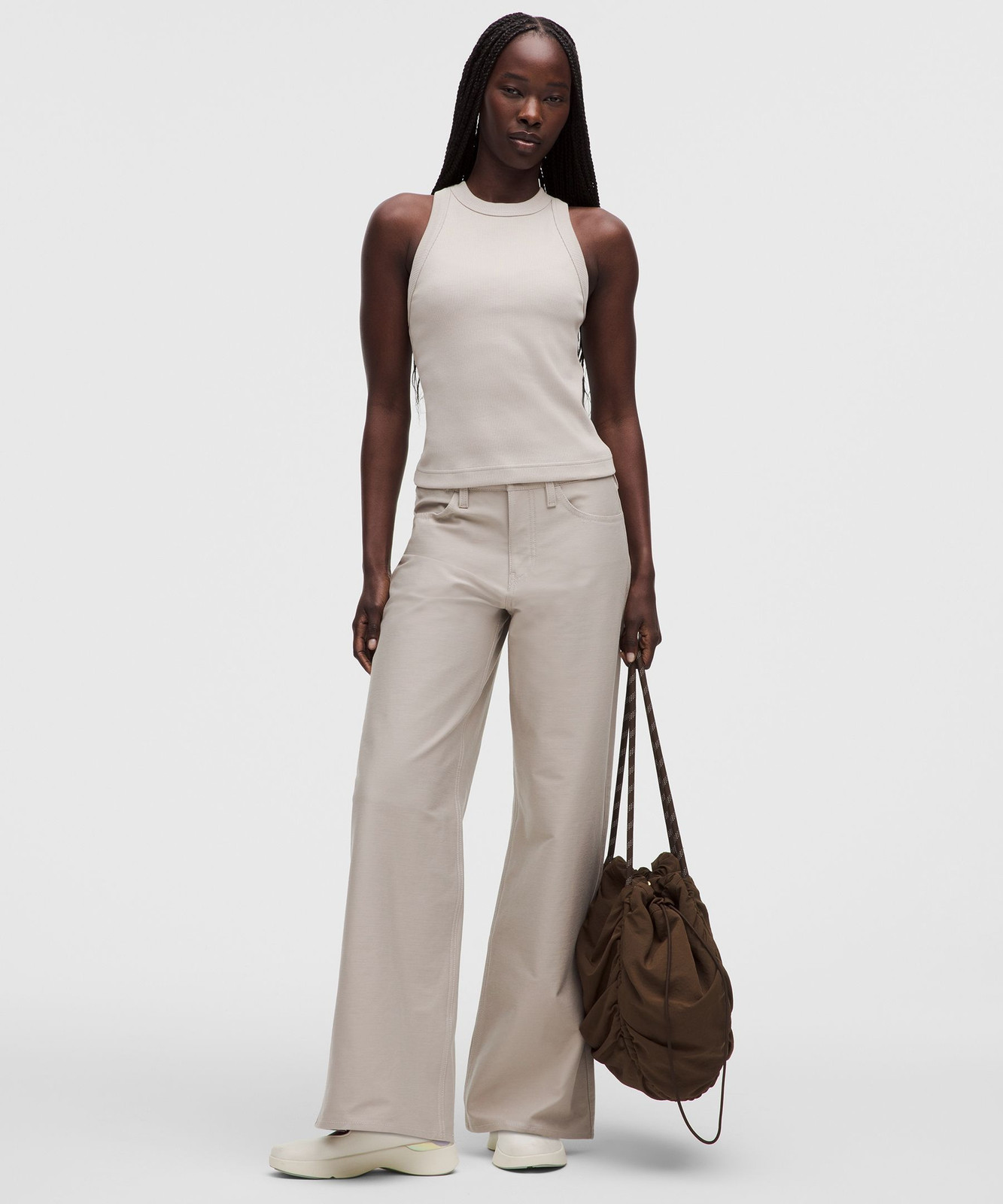 Monochromatic Ease: Beige Tank and Trousers Monochromatic Ease: Beige Tank and Trousers — Racerback Tank Top Outfits 2027