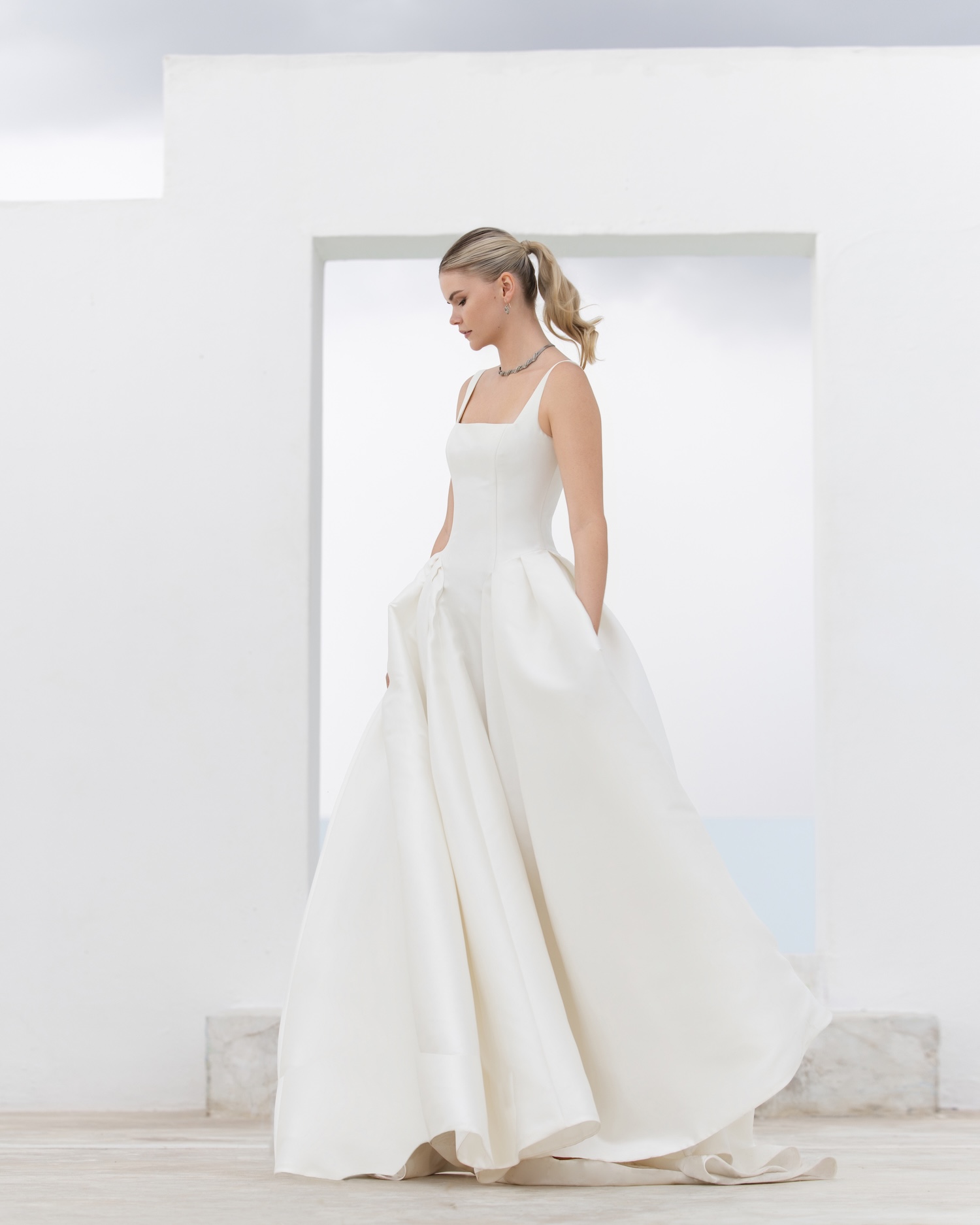 Modern Ivory Mikado Ballgown Featuring a Defined Square Neckline Modern Ivory Mikado Ballgown Featuring a Defined Square Neckline — Square Neck Wedding Dresses 2027