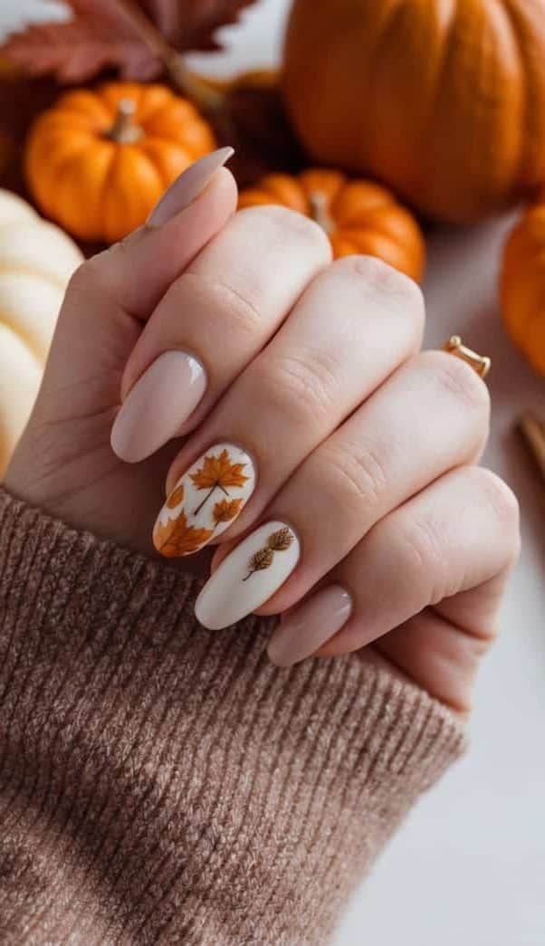 Visual Idea — Medium Almond Nails Have A Nude Base — Thanksgiving Nails 2026