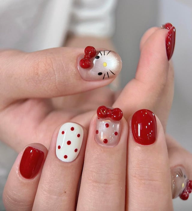 Red White Clear With Red Accents Short Glossy Red Hello Kitty Bow Nails — Red Hello Kitty Nails 2027