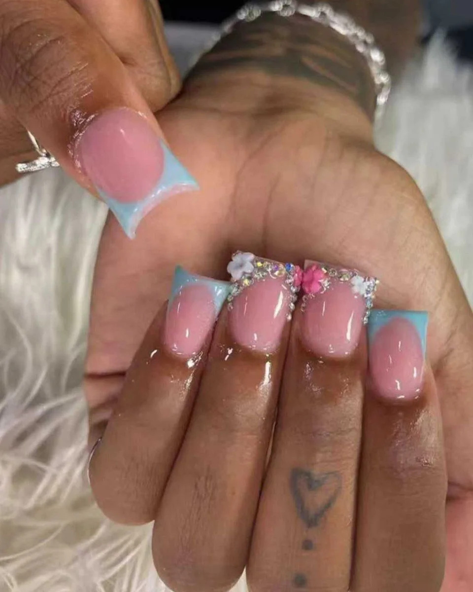 Sheer Pink with Light Blue French Tips and Flowers Sheer Pink with Light Blue French Tips and Flowers — Pink Duck Nails 2027