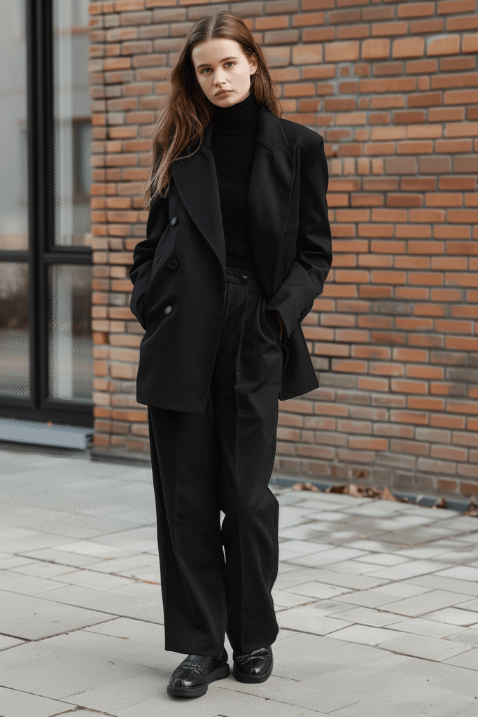 Monochromatic Black Turtleneck and Oversized Blazer Monochromatic Black Turtleneck and Oversized Blazer — Glamoratti Outfits 2027