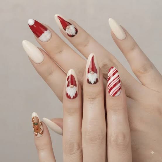 Cream Base Red And White Accents Visual Idea — White Christmas Nails 2026
