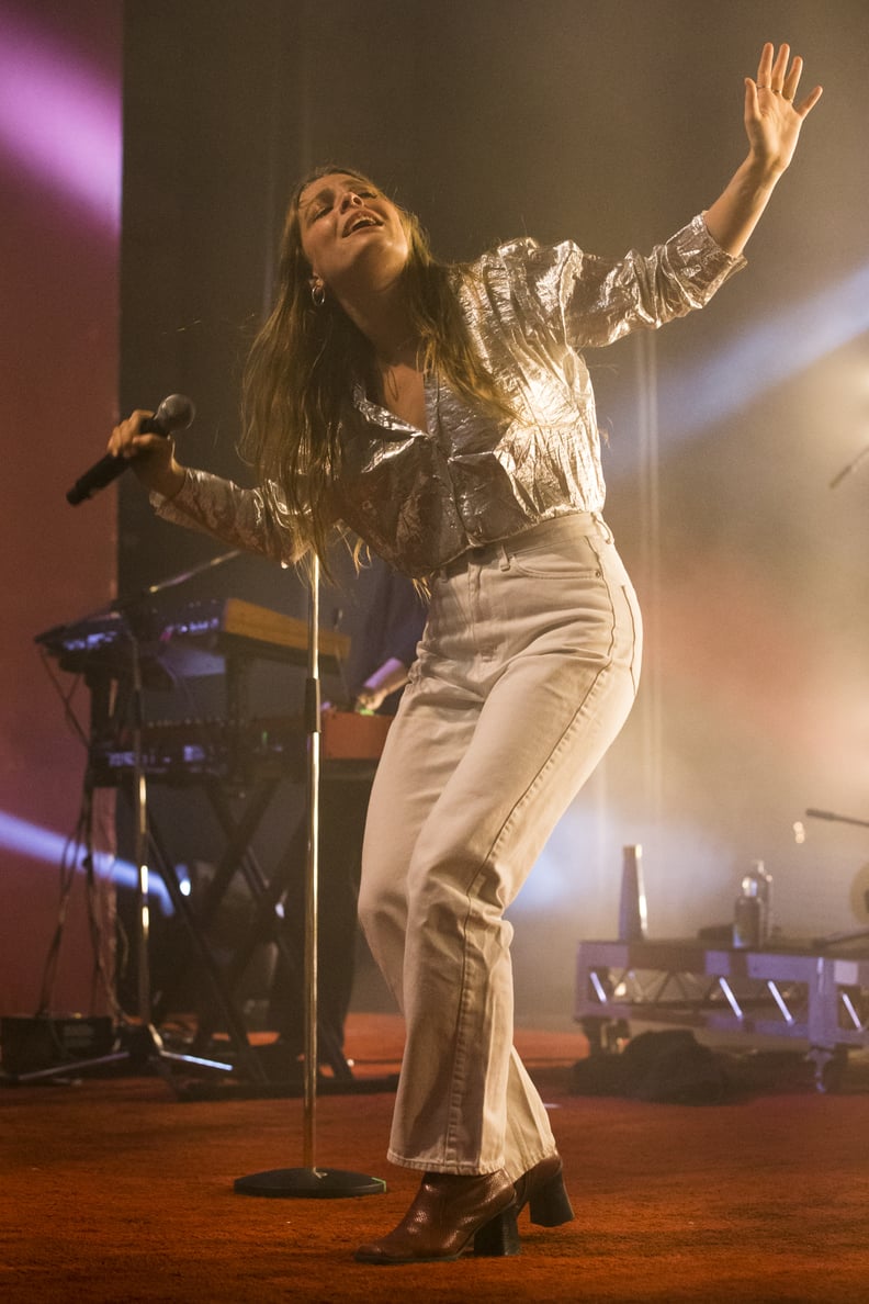 Silver Metallic Crop Top and White Straight-Leg Jeans — Concert Outfits 2027