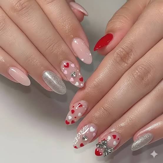 Iridescent Coffin Nails with Black Hearts Iridescent Coffin Nails with Black Hearts — Mismatched Heart Nails 2027