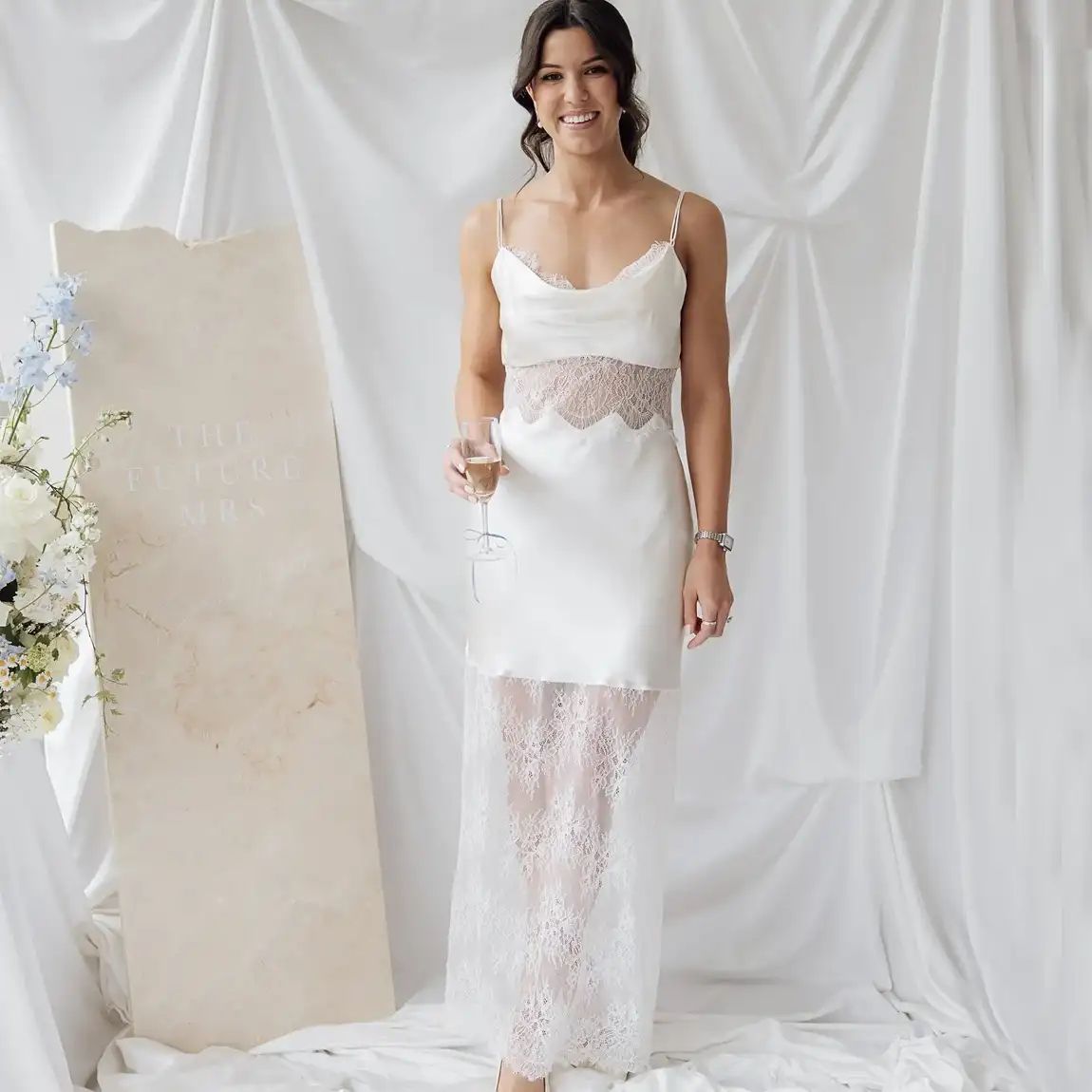 Ivory Satin Slip Dress with Lace Detailing Ivory Satin Slip Dress with Lace Detailing — Bridal Shower Dress 2027 for Guest