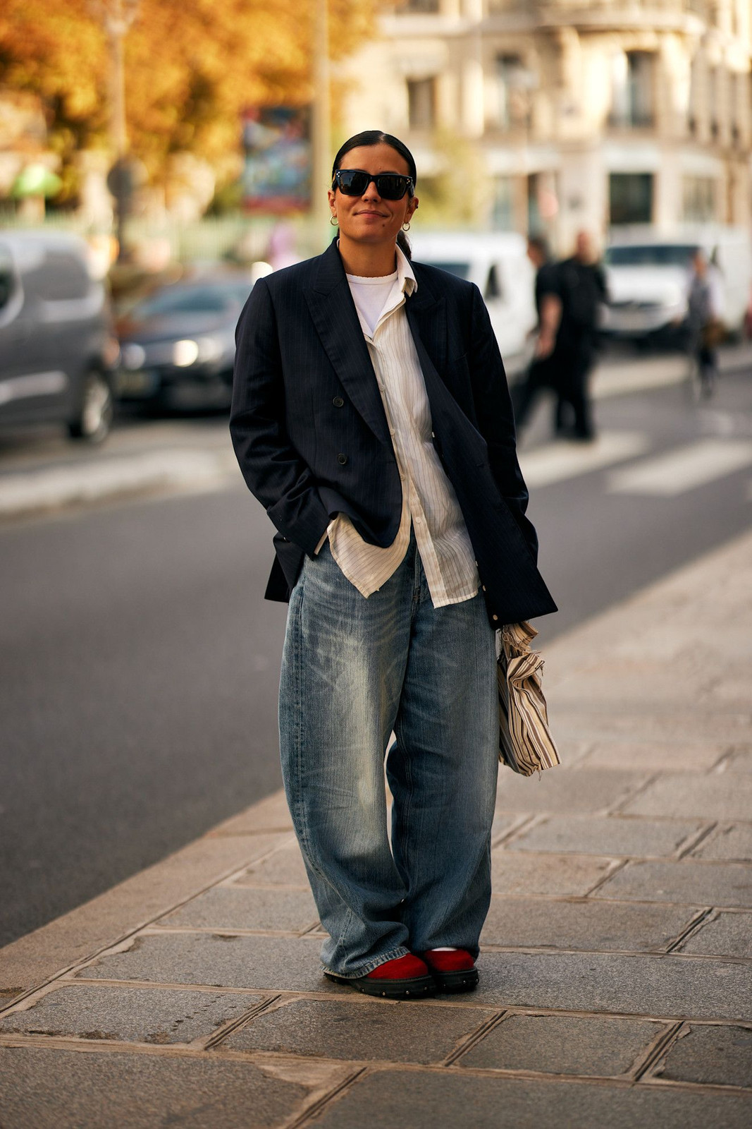 Striped Open-Collar Blouse with Pinstripe Blazer and Wide-Leg Jeans Striped Open-Collar Blouse with Pinstripe Blazer and Wide-Leg Jeans — Blouse Outfits 2027 with Blazer