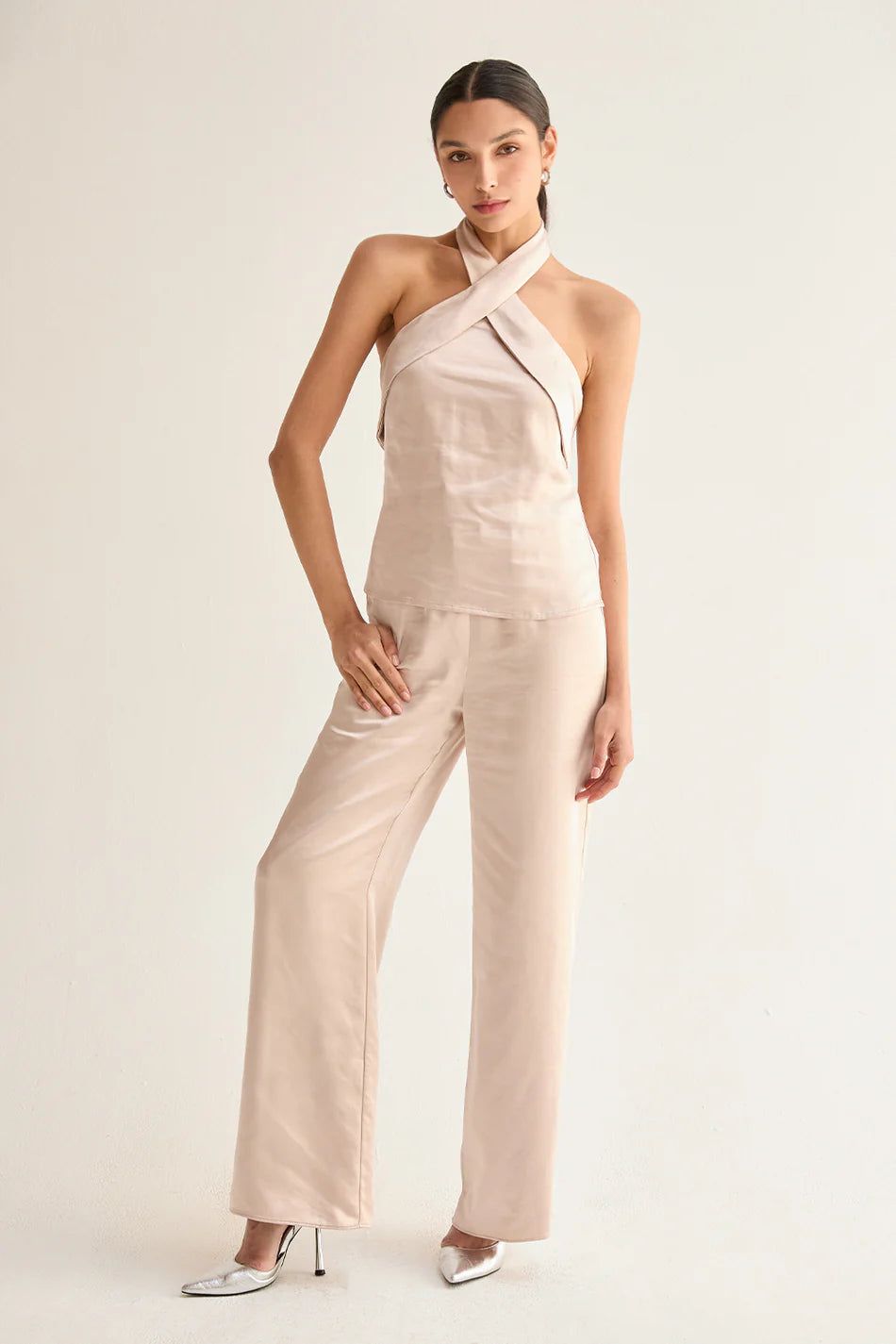 Champagne Satin Halter Neck Top and Wide-Leg Trousers for Summer Evenings Champagne Satin Halter Neck Top and Wide-Leg Trousers for Summer Evenings — Summer Two Piece Set Outfits 2027