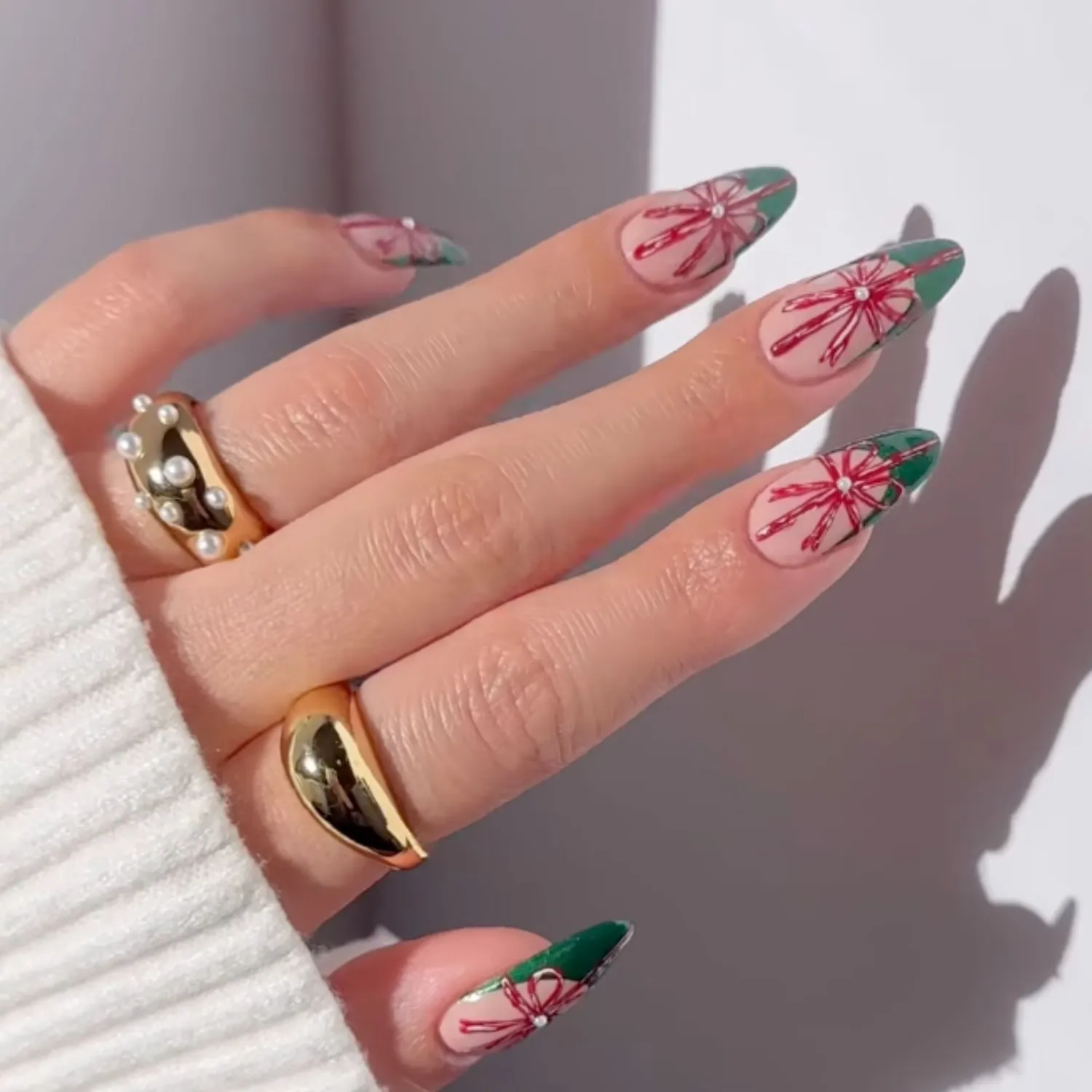 Sheer Pink with Red Floral and Green Tips — Long Christmas Nails 2026