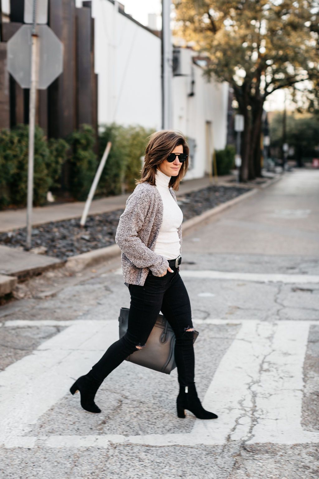 Grey Knit Cardigan Over White Turtleneck And Jeans Grey Knit Cardigan Over White Turtleneck And Jeans — Winter Dinner Outfits 2027