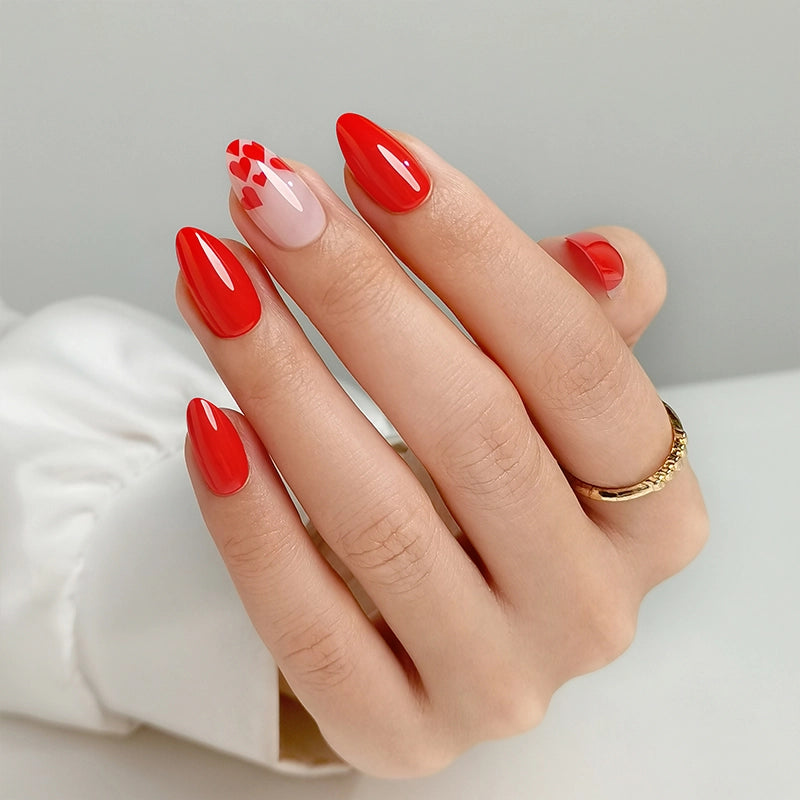 Glossy Vibrant Red With Nude Heart Accents Glossy Vibrant Red With Nude Heart Accents — Red Valentines Nails 2027