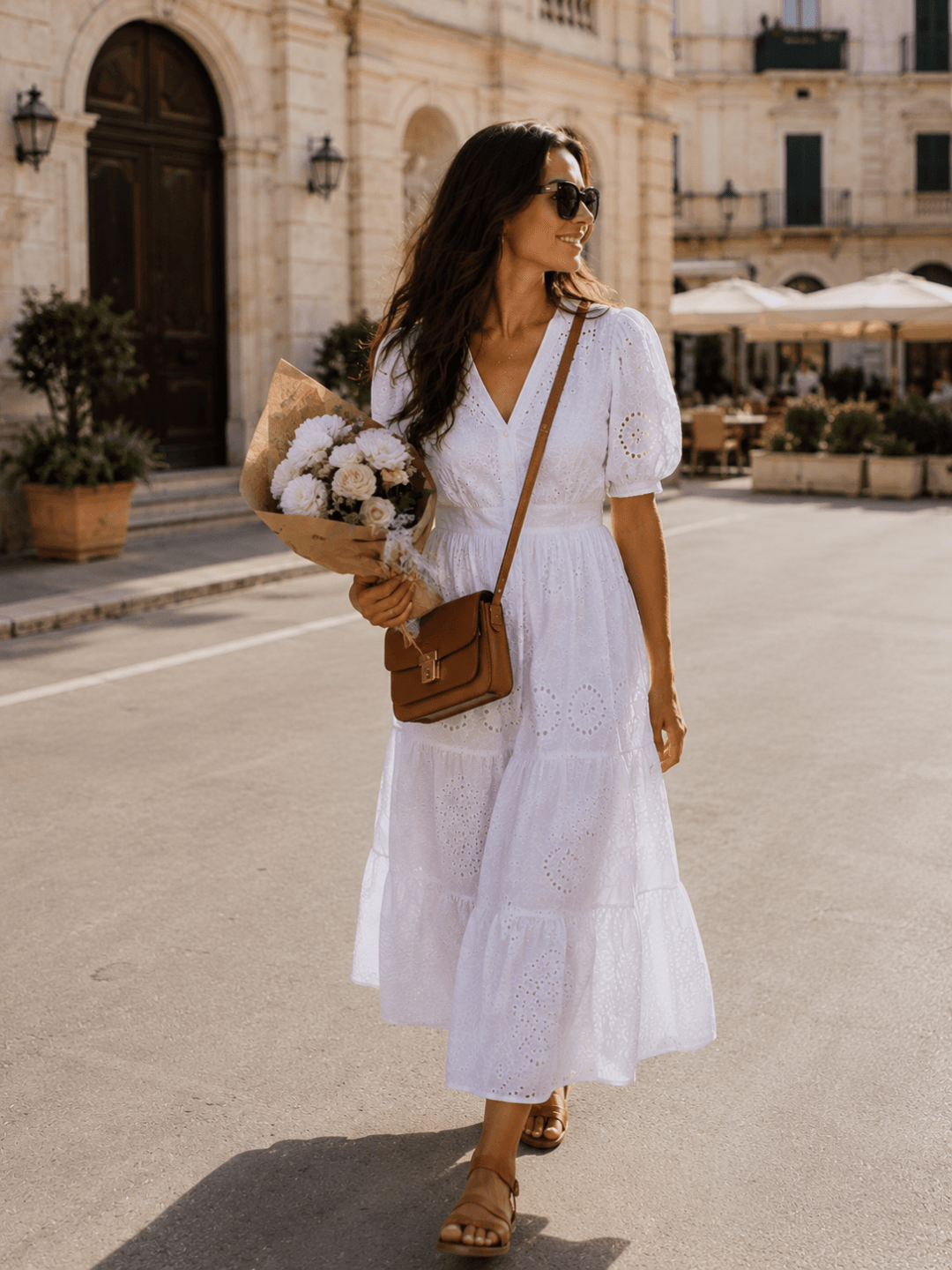 White Broderie Anglaise Midi Dress with Tan Sandals White Broderie Anglaise Midi Dress with Tan Sandals — Travel Outfits Europe 2027
