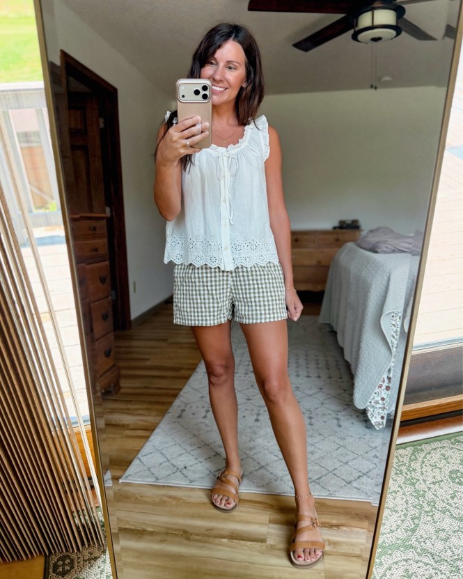 Green Gingham Shorts with White Eyelet Top Green Gingham Shorts with White Eyelet Top — Summer Outfits 2027 with Shorts