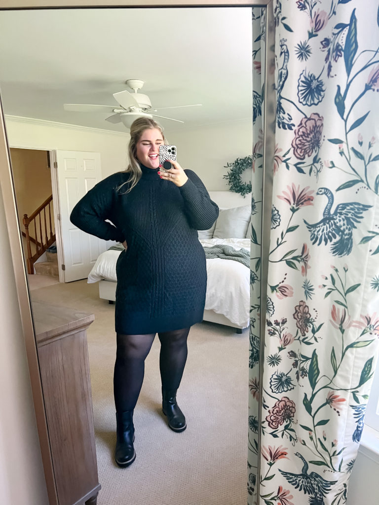 Black Cable-Knit Sweater Dress for Fall — Plus Size Thanksgiving Outfits 2026