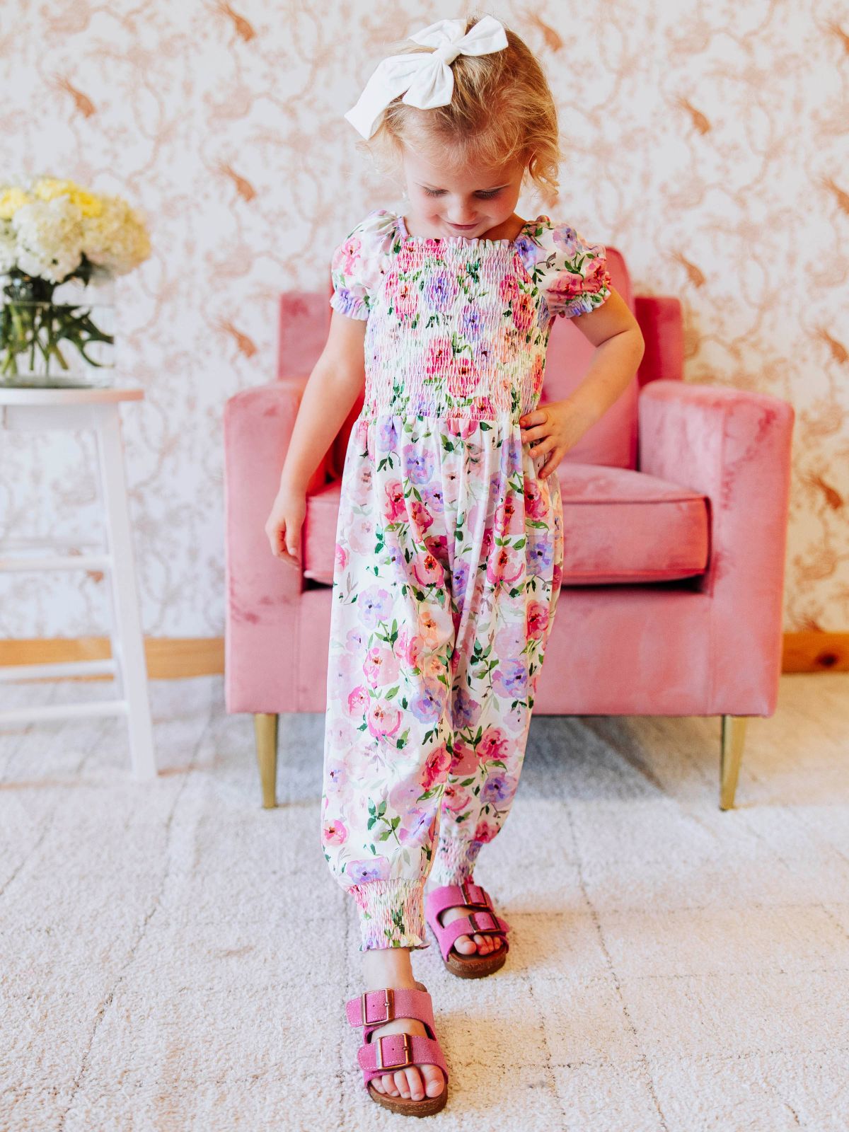 Vibrant Floral Smocked Jumpsuit with Bow Vibrant Floral Smocked Jumpsuit with Bow — Toddler Girl Outfits 2027