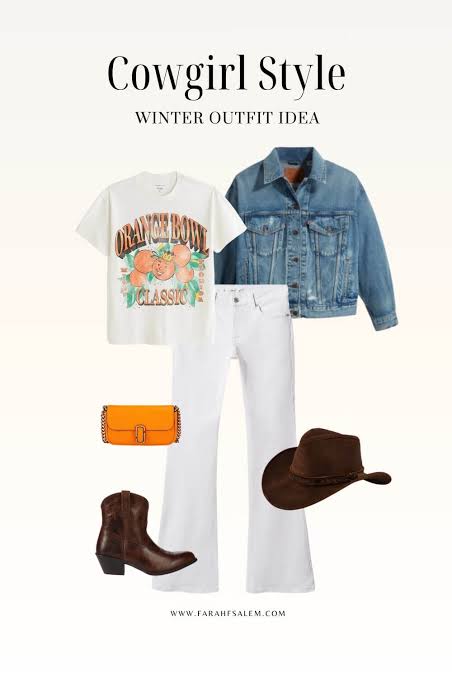 Cowboy Hat and Orange Bag with White Jeans for a Bright Western Look — Winter Western Outfits 2027