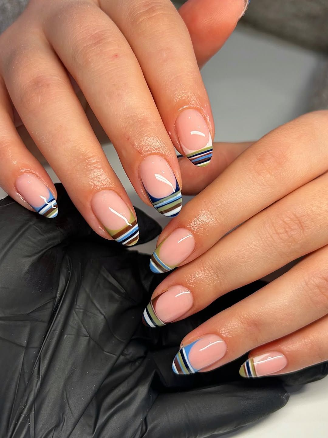 Medium Almond Pink French with Multi-Colored Stripes Medium Almond Pink French with Multi-Colored Stripes — Thin Line Nails 2027