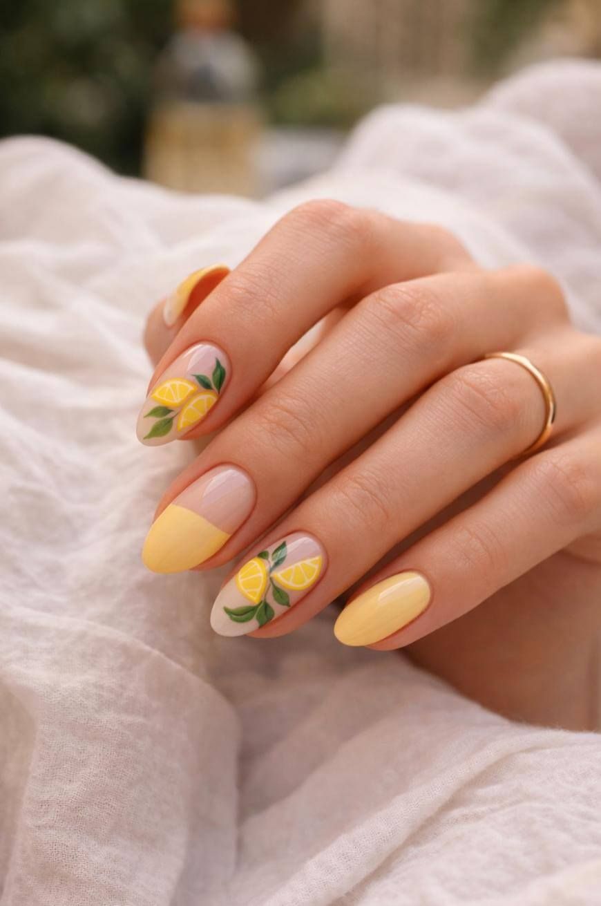 Nude With Lemon Art and Solid Yellow Nude With Lemon Art and Solid Yellow — Lemon Nails 2027
