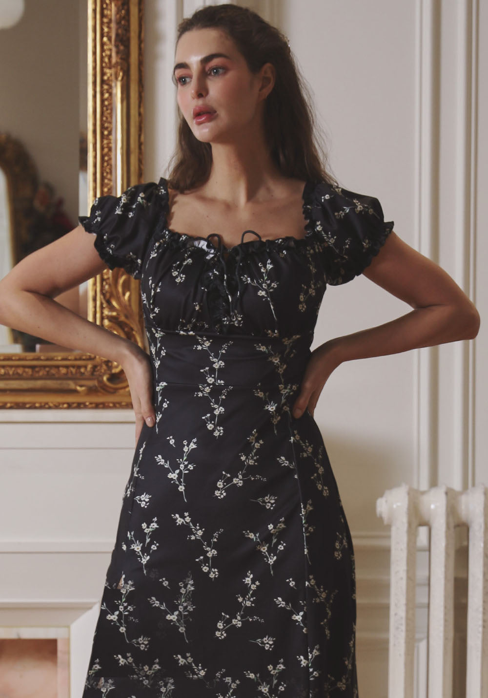 Black White Floral Satin Milkmaid Dress with Puff Sleeves and Mesh Flats Black White Floral Satin Milkmaid Dress with Puff Sleeves and Mesh Flats — Milkmaid Dresses 2027