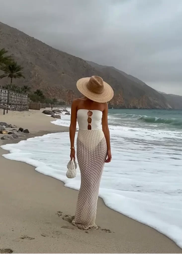 Crochet Maxi Skirt Over Strapless Swimsuit — Spring Break Beach Outfits 2027