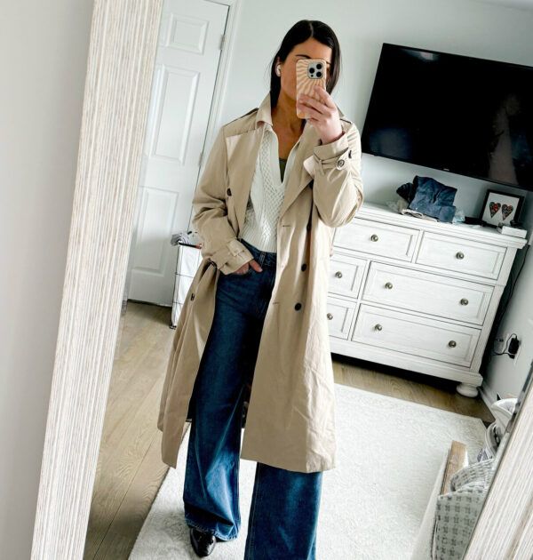 Beige Trench Coat with White Sweater and Wide-Leg Jeans — Close-Up Take — Beige Spring Outfits 2027
