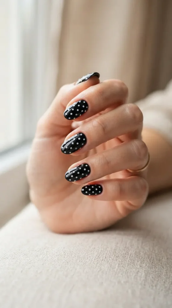 Glossy Medium Oval Black with White Dots Glossy Medium Oval Black with White Dots — Polka Dot Nails 2027