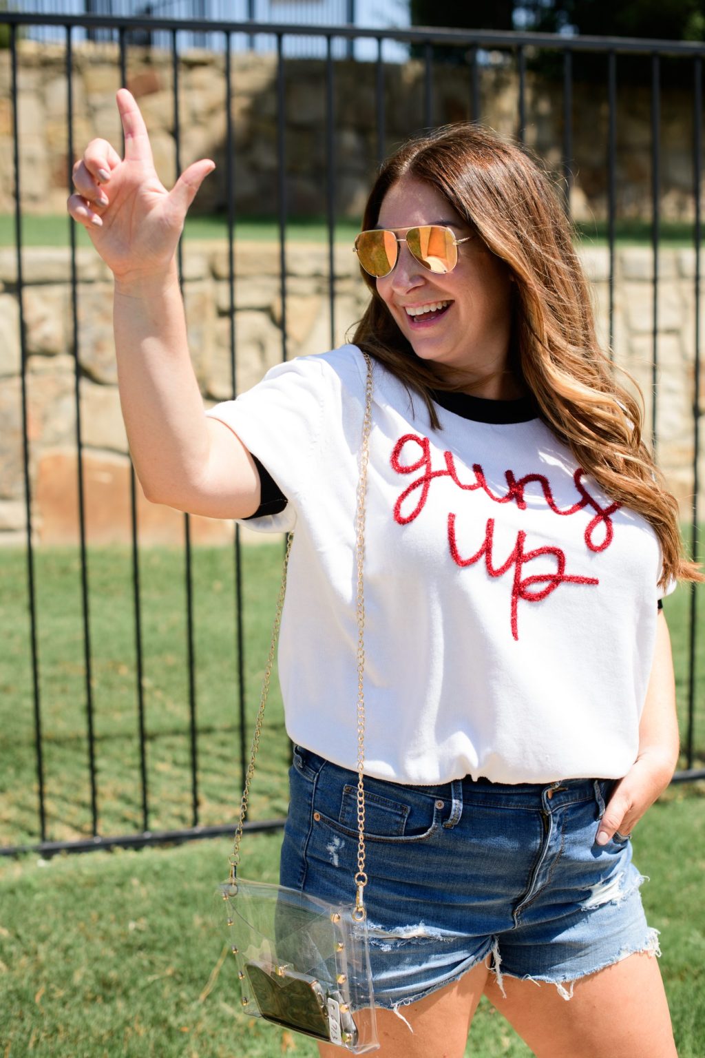 Directly Themed: 'GAME DAY' Sweater with Denim Shorts — College Game Day Outfits 2026