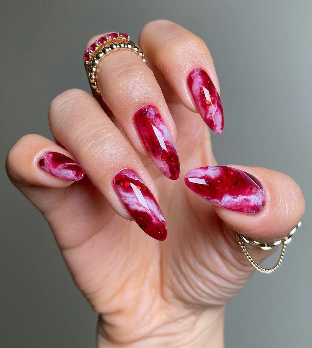 Deep Red Marbled Glitter Stiletto Nails — Garnet Nails 2027