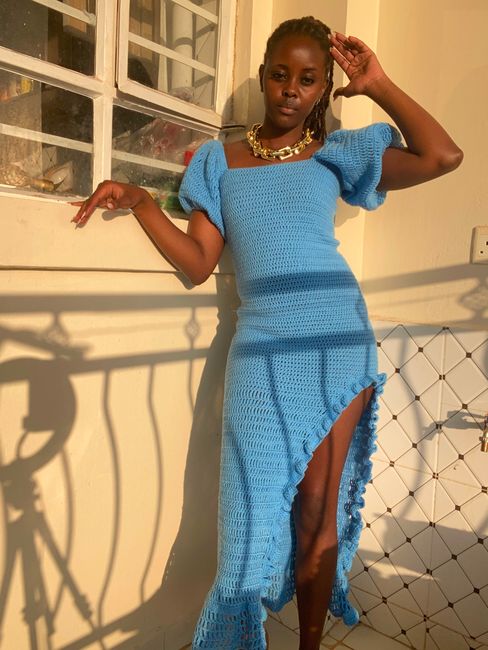 Bright Blue Puff-Sleeve Midi Dress with Ruffled Slit Bright Blue Puff-Sleeve Midi Dress with Ruffled Slit — Crochet Dresses 2027