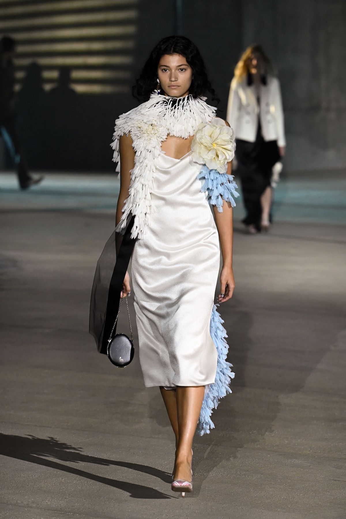Satin Slip Dress with Dramatic Fringe and Feather Accents — Cruise Outfits 2027
