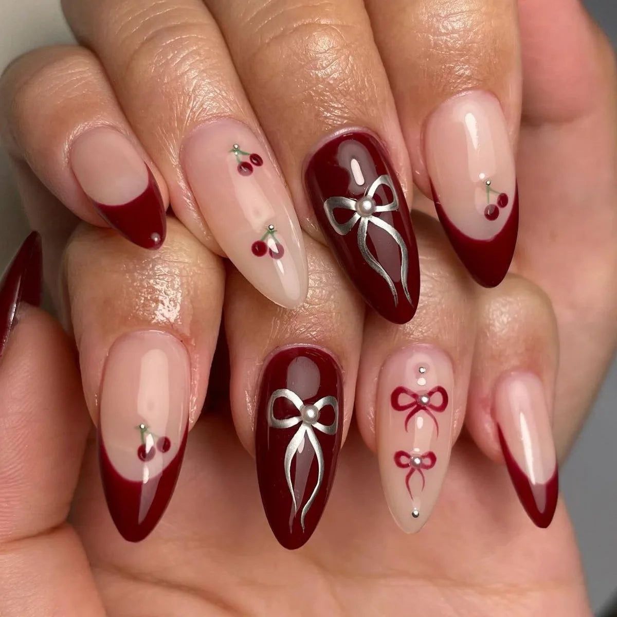 Burgundy French Tips With Cherry & Bow Motifs — Burgundy Nails 2027