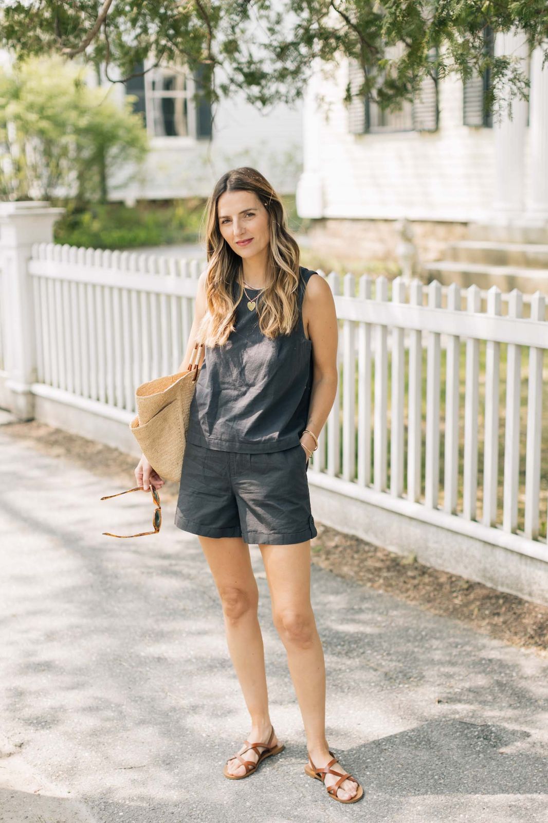 Dark Grey Linen Sleeveless Top and Shorts Set for Casual Summer Outings Dark Grey Linen Sleeveless Top and Shorts Set for Casual Summer Outings — Summer Two Piece Set Outfits 2027