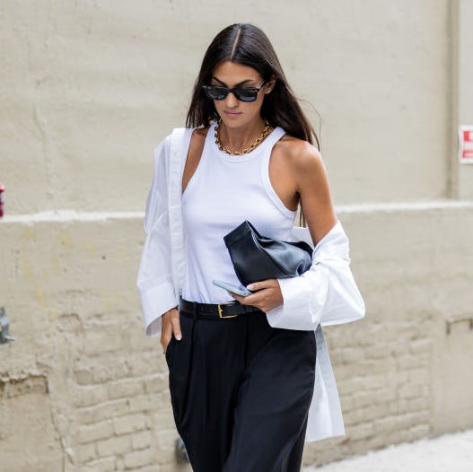 Chic Layering: White Tank Under an Open White Shirt with Black Trousers — Tank Top Outfits 2027