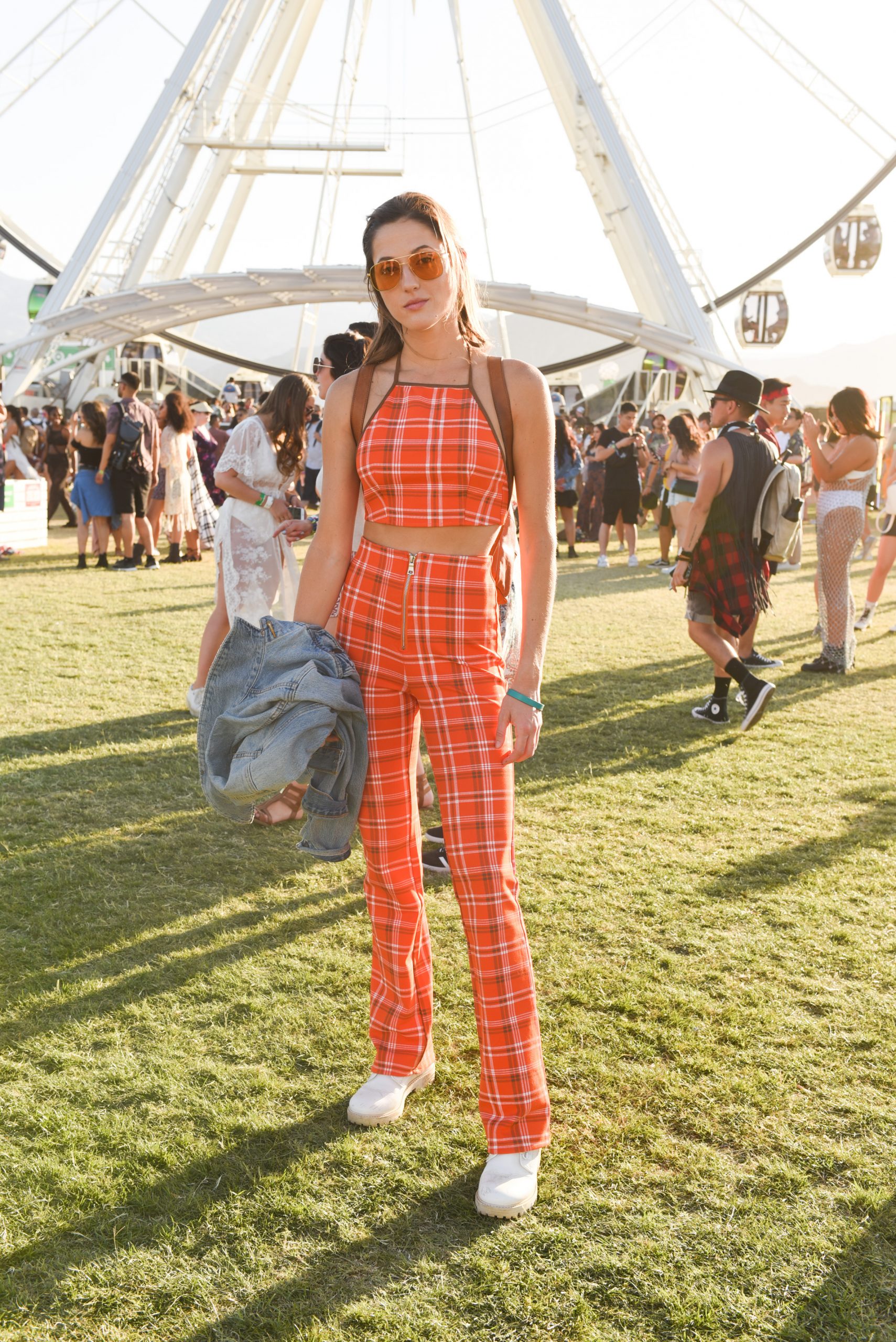 Orange Plaid Set with Denim Jacket and Sneakers Orange Plaid Set with Denim Jacket and Sneakers — Coachella Outfits 2027