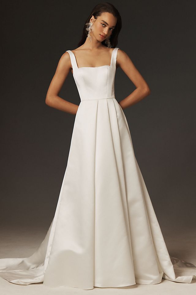 Not Visible Ivory Satin A-Line Wedding Dress with Sharp Square Neckline and Pleated Bodice Not Visible Ivory Satin A-Line Wedding Dress with Sharp Square Neckline and Pleated Bodice — Square Neck Wedding Dresses 2027