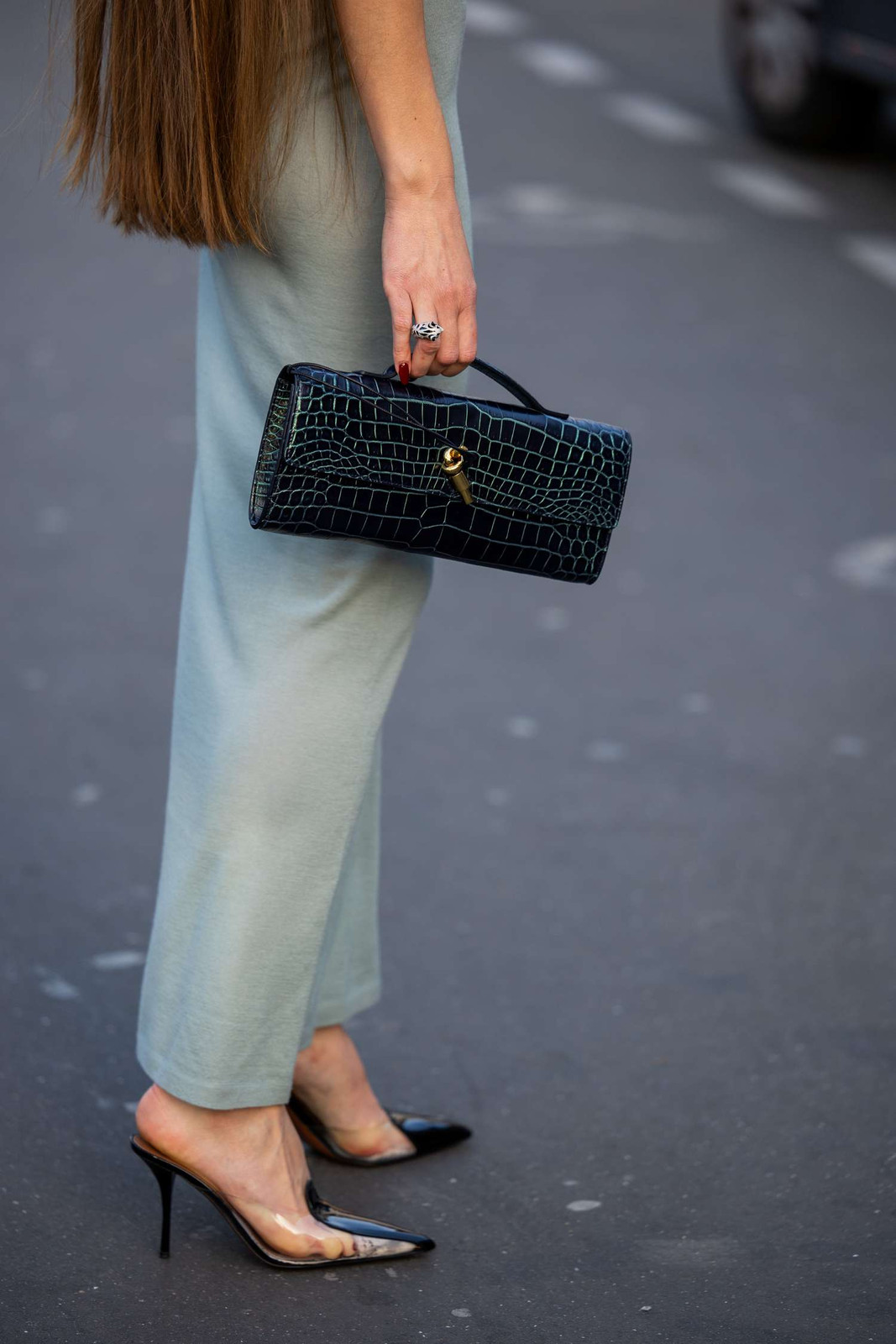 Green Crocodile Baguette Bag with Light Green Dress Green Crocodile Baguette Bag with Light Green Dress — Baguette Bag Aesthetic 2027