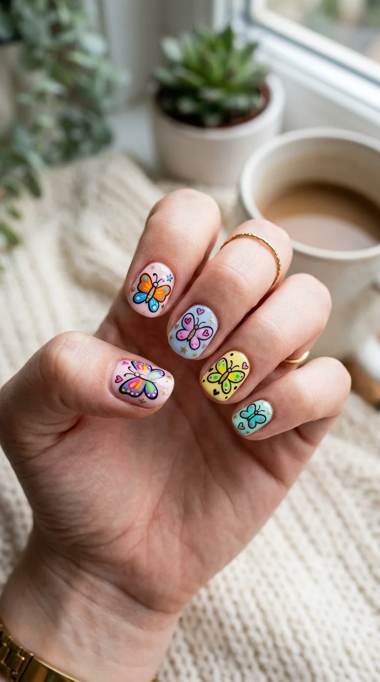 Hand-Painted Pastel Butterfly Stars Hand-Painted Pastel Butterfly Stars — Short Butterfly Round Nails 2027