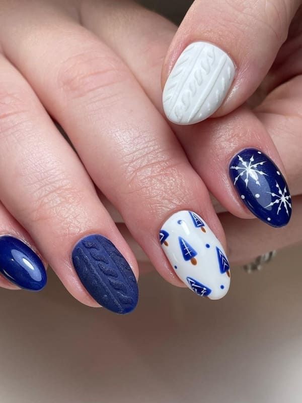 White Navy Blue And Dark Blue Visual Idea — Christmas Sweater Nails 2026