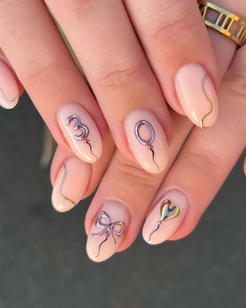 Pale Pink Glossy Medium Oval with Gold '30' — 30th Birthday Nails 2027