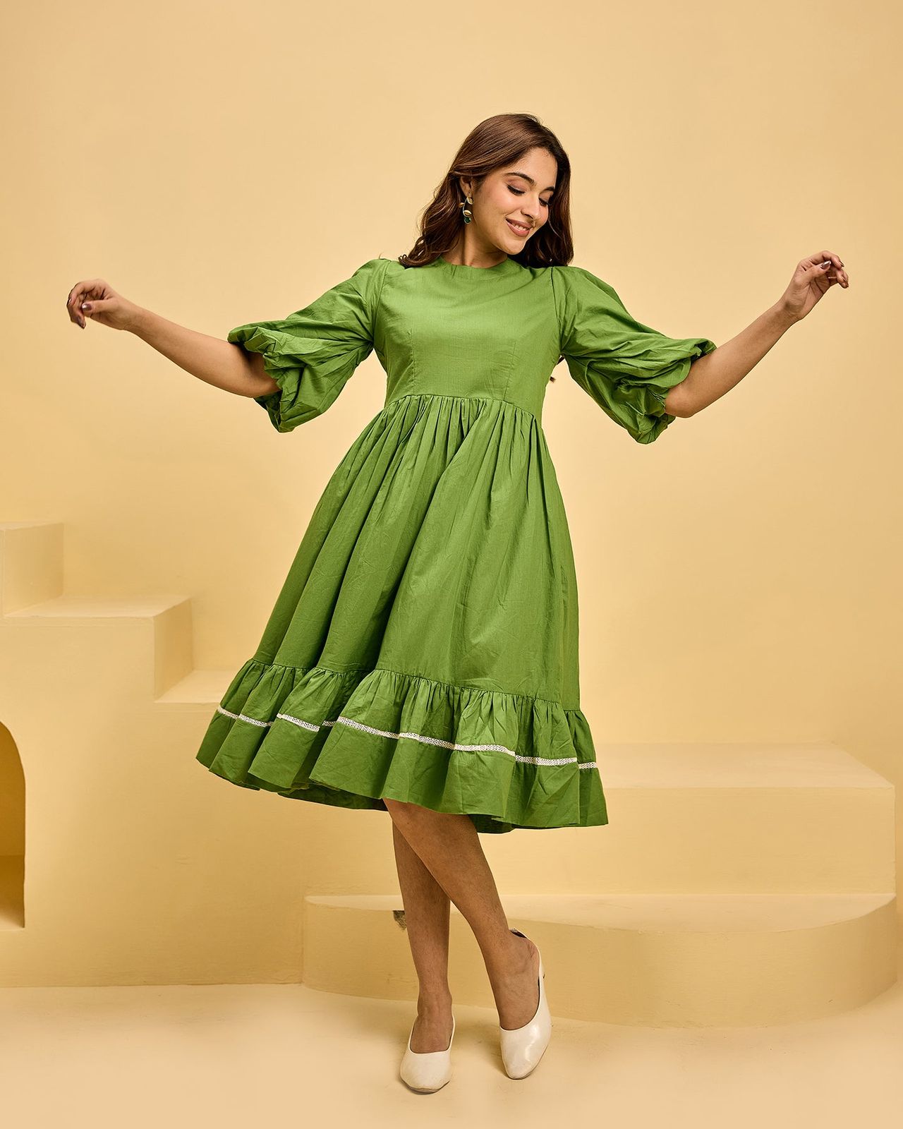 Playful Volume in a Bright Green Puffed Sleeve Dress Playful Volume in a Bright Green Puffed Sleeve Dress — Moss Green Outfits 2027